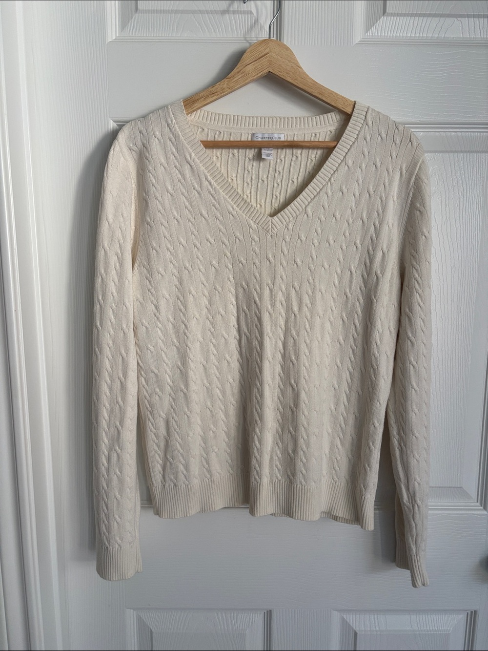 Charter Club Cream Ivory Cable-Knit V-Neck Sweater Cotton Size Large